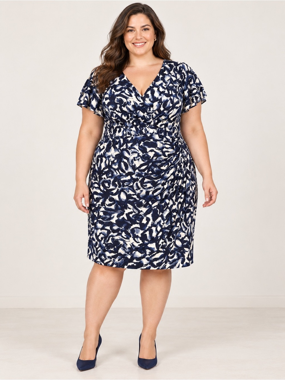 Lauren Ralph Lauren Navy Cream Floral Faux Wrap Flutter Sleeve Dress 22W
